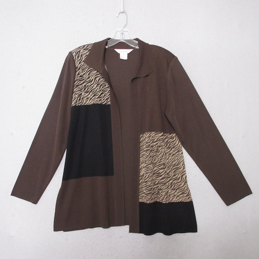 Exclusively Misook Sweater Cardigan Women Medium‎ Brown Color Block Animal Print